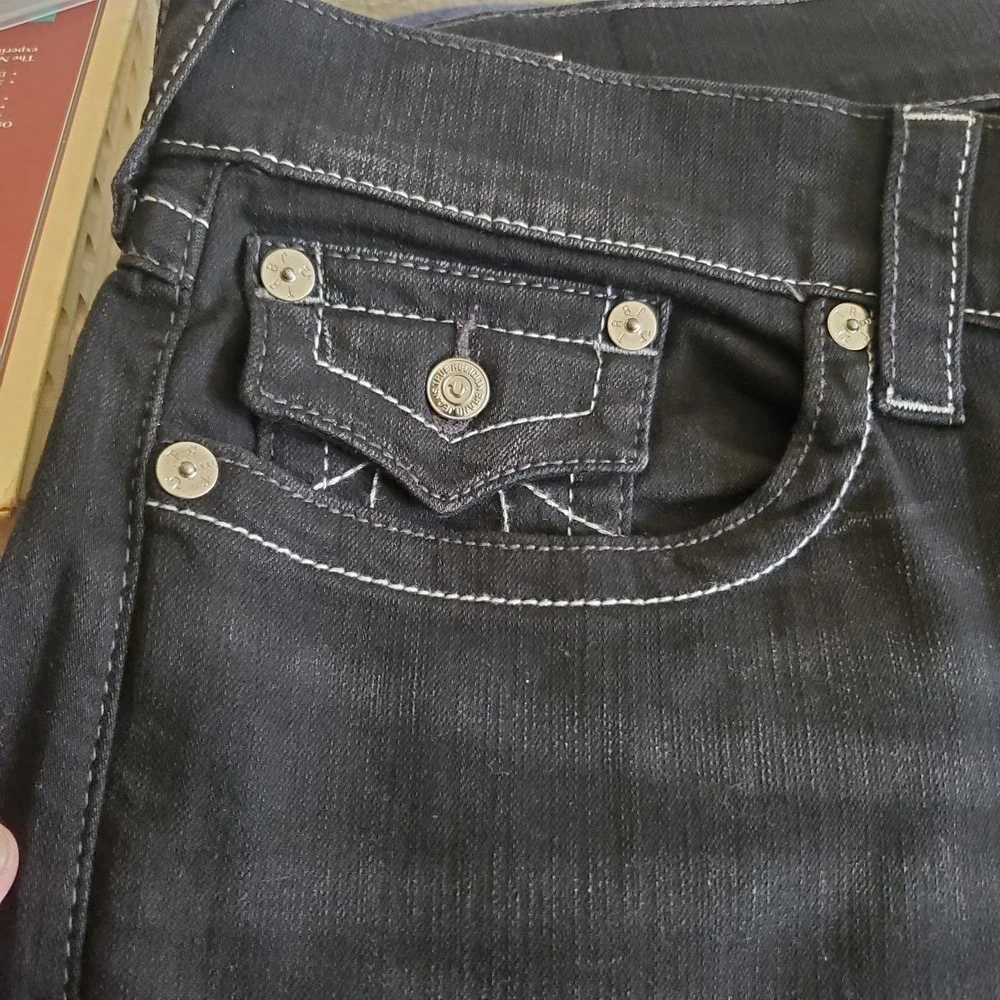 True Religion Geno Relaxed Slim Jeans Black Contrast Stitching Mens 38x32
